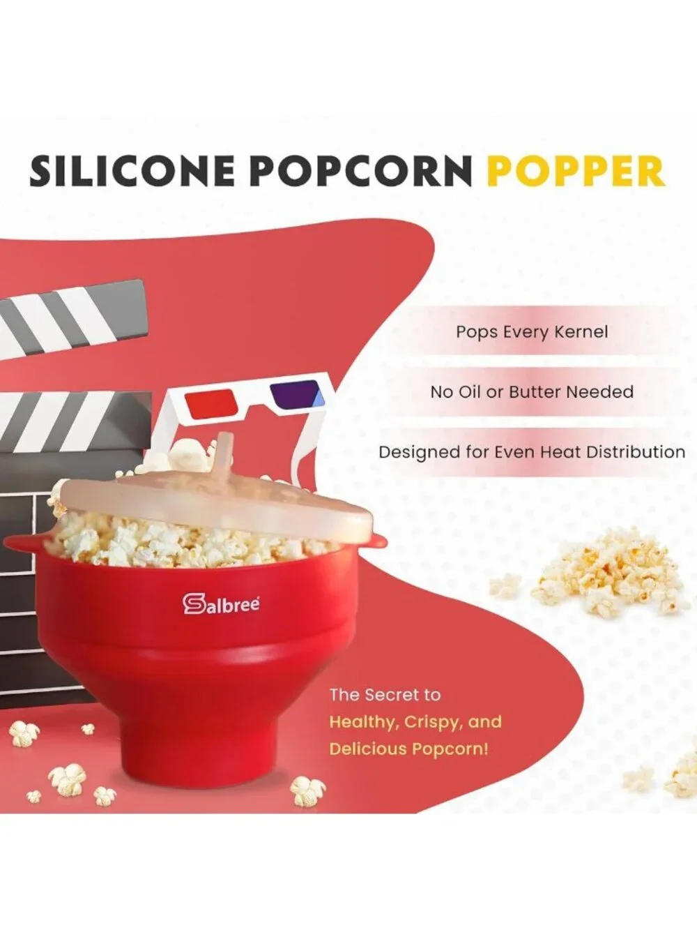 Collapsible Silicone Microwave Popcorn Maker - Oil-Free Hot Air Popper Bowl
